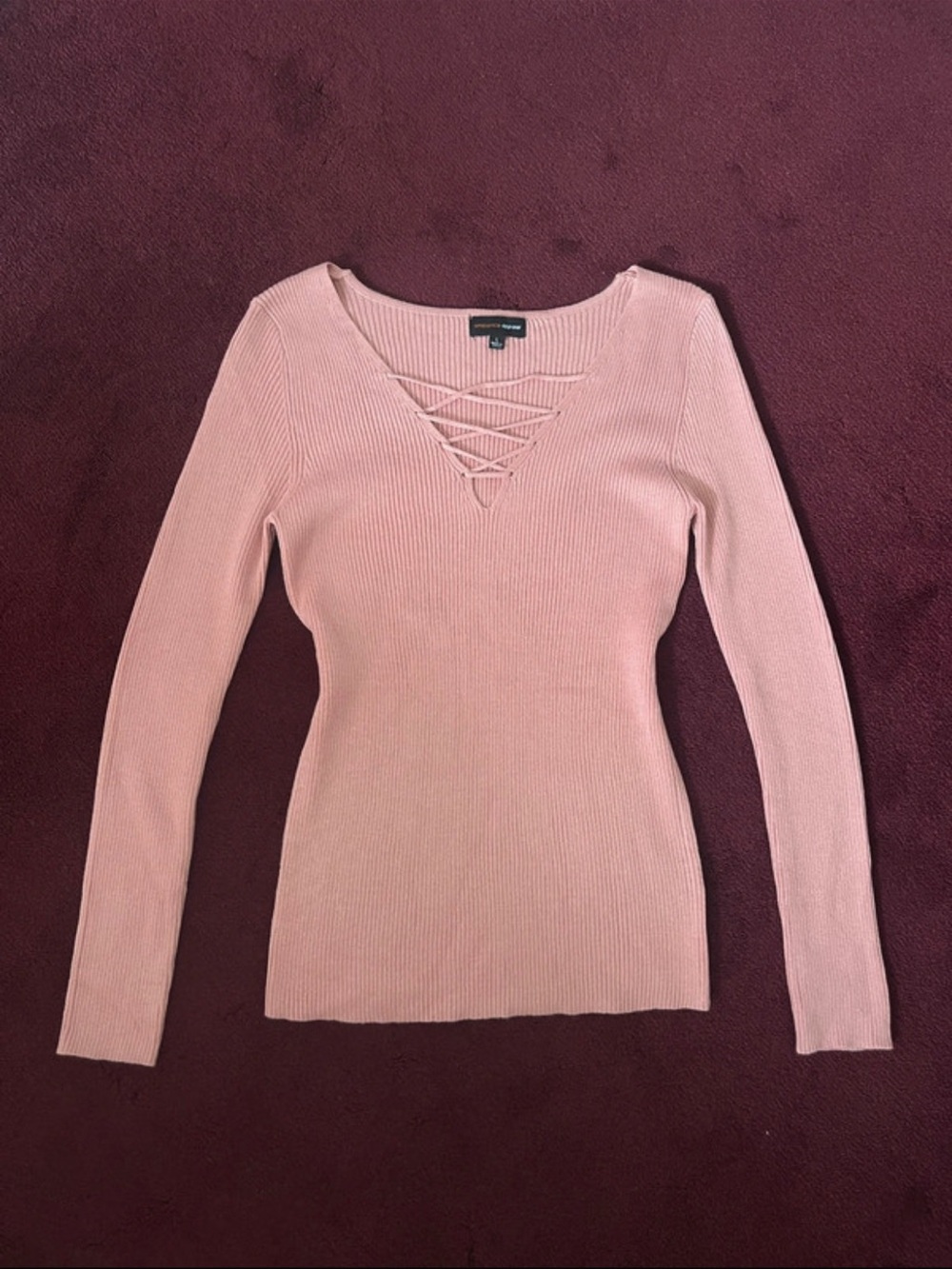 Ambiance Dusty Pink Ribbed Lace-Up Long Sleeve Top